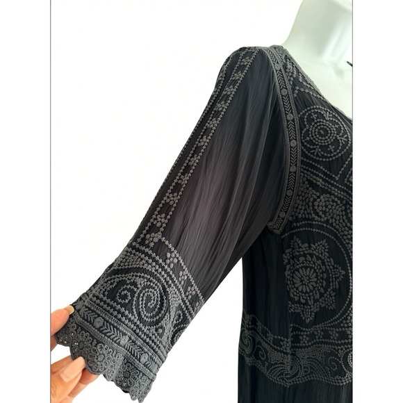 Johnny Was Dress S Black Tonal Sheer Embroidered Tunic Boho Peasant Lace Hem - Picture 6 of 11